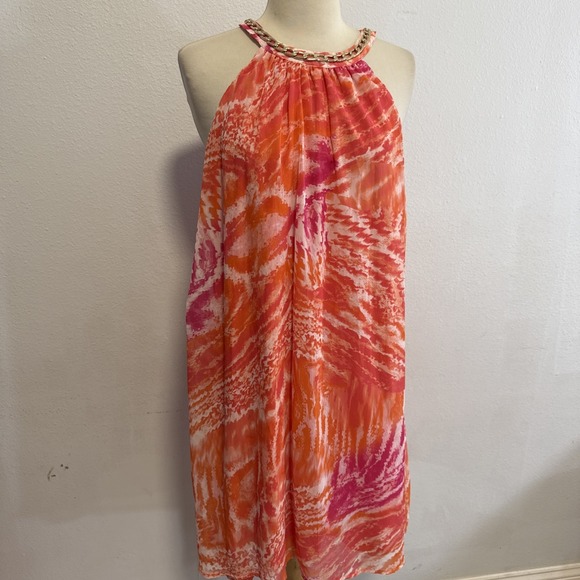 Calvin Klein Dress 12 Orange Pink Chain Halter Shift Cocktail Formal Summer - Picture 4 of 13